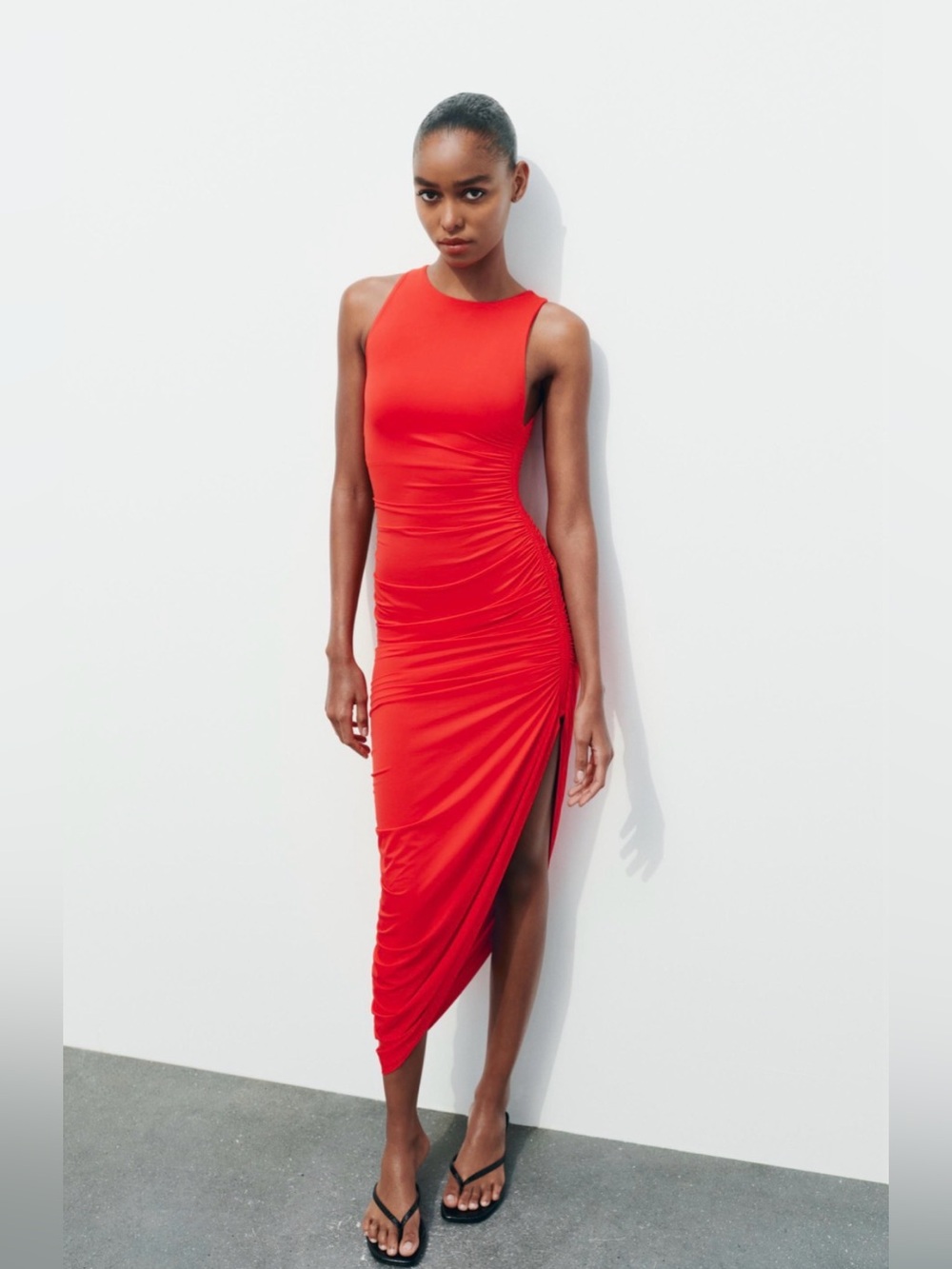 ZARA Red Sleeveless Ruched Midi Dress Sz M SUPER STRETCHY BODYCON SEXY FITTED